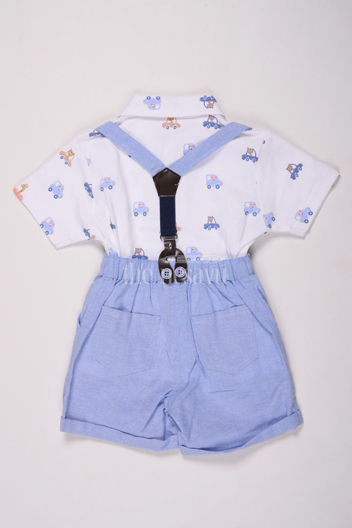 Blue Cotton Boys Suspender Suit Set with Cap