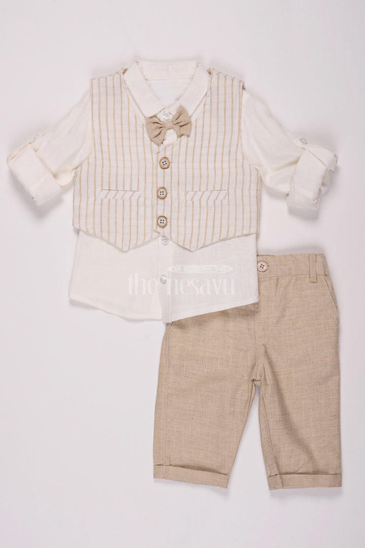 Beige Boys Waistcoat and Pant Set with Striped Shirt