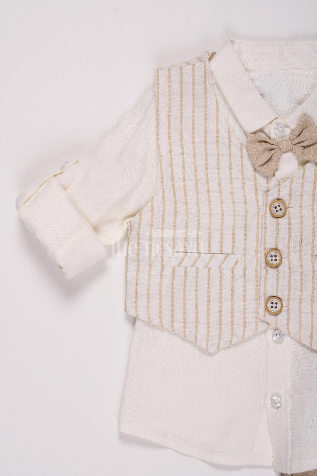 Beige Boys Waistcoat and Pant Set with Striped Shirt