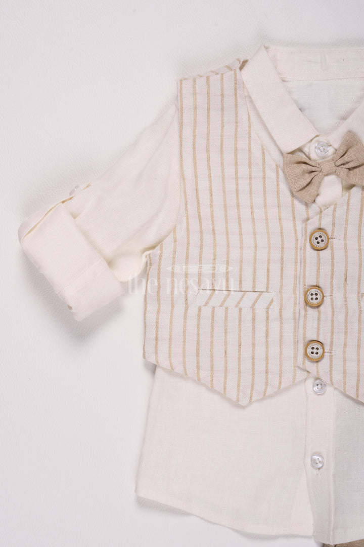 Beige Boys Waistcoat and Pant Set with Striped Shirt