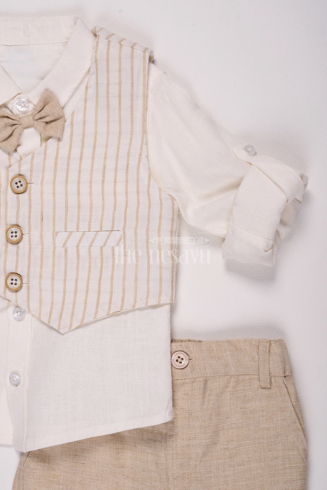 Beige Boys Waistcoat and Pant Set with Striped Shirt