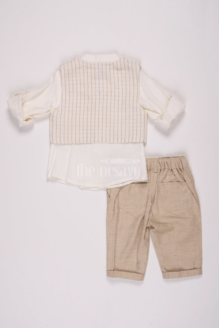 Beige Boys Waistcoat and Pant Set with Striped Shirt