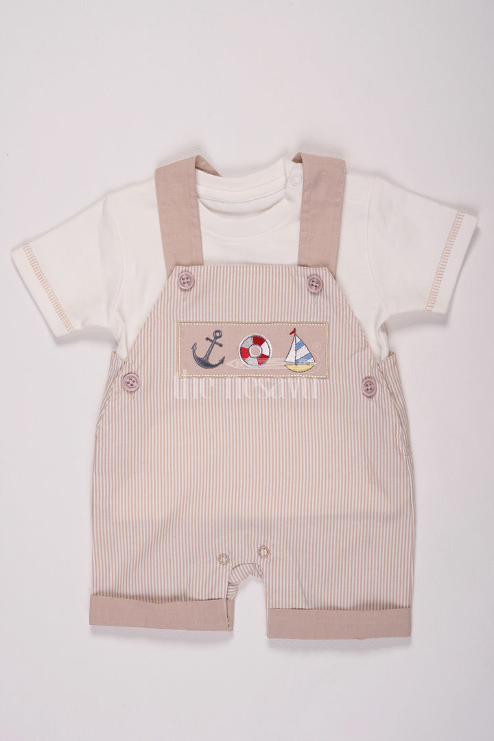 Beige Boys Pinstriped Romper with Sea Theme