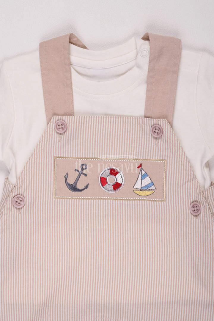 Beige Boys Pinstriped Romper with Sea Theme