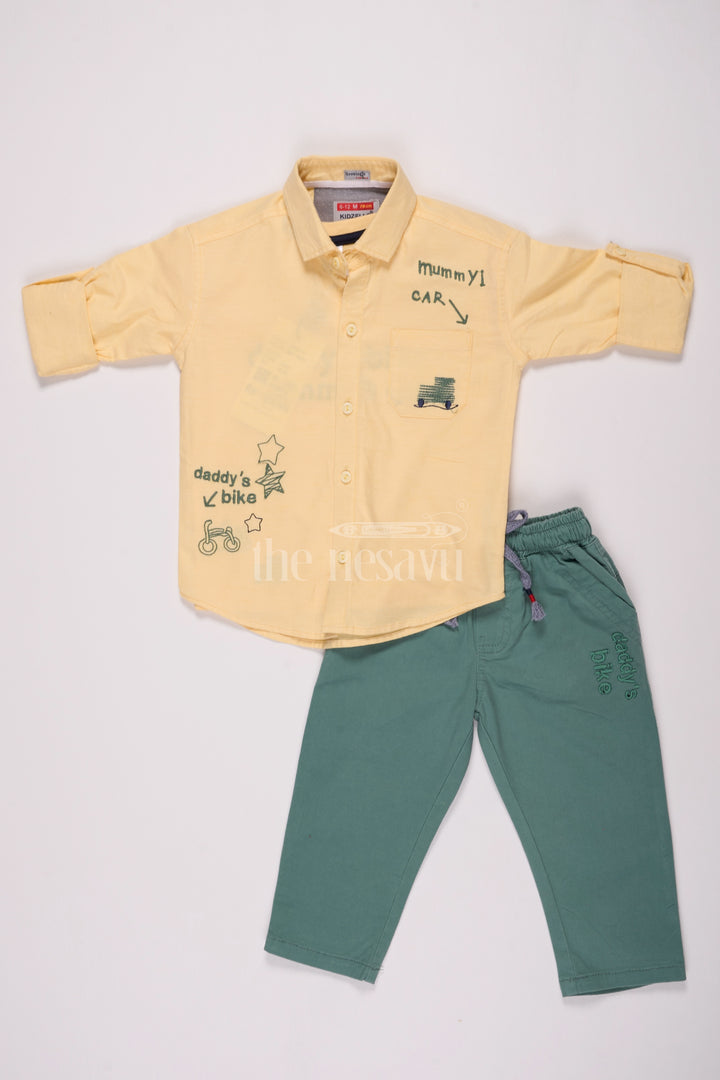 Yellow Full Sleeve Shirt and Teal Green Pant Set for Boys