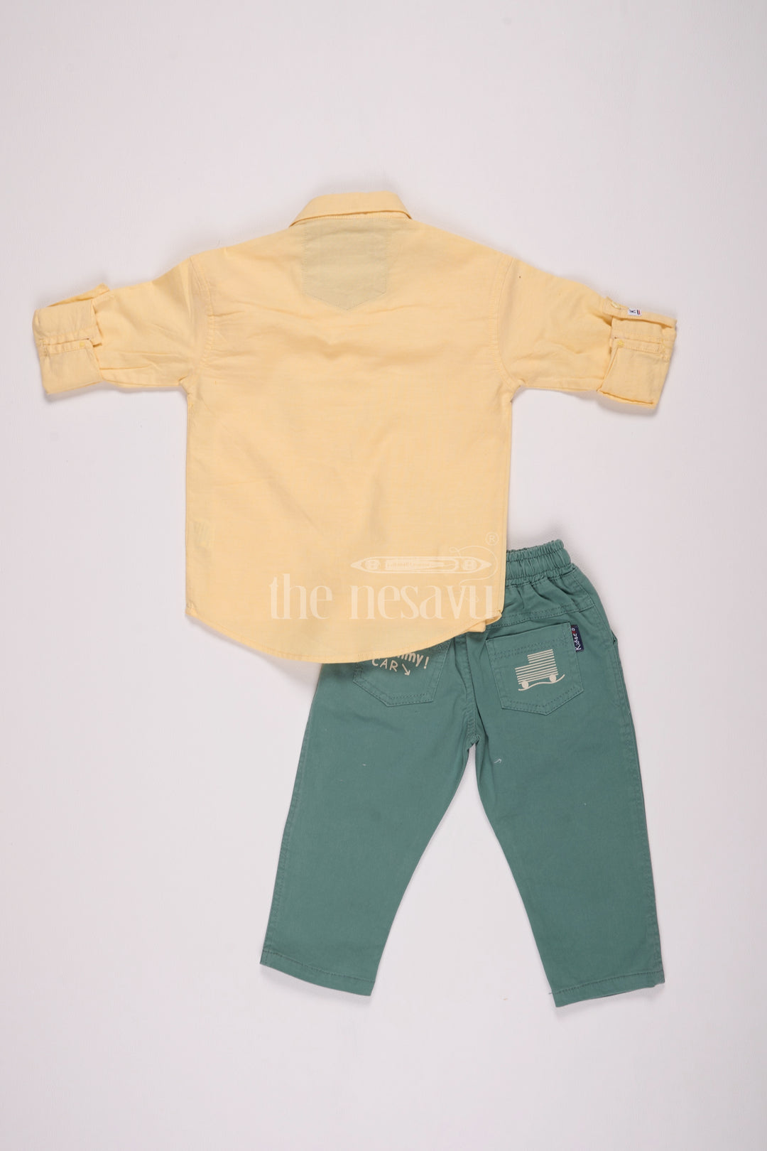 Yellow Full Sleeve Shirt and Teal Green Pant Set for Boys