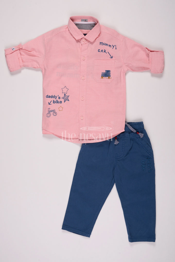 Pink Full Sleeve Shirt and Navy Blue Pant Set for Boys