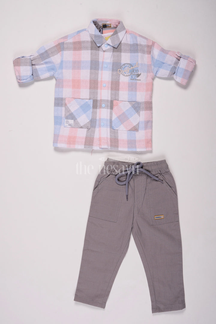 Peach Plaid Full Sleeve Shirt and Gray Pant Set for Boys