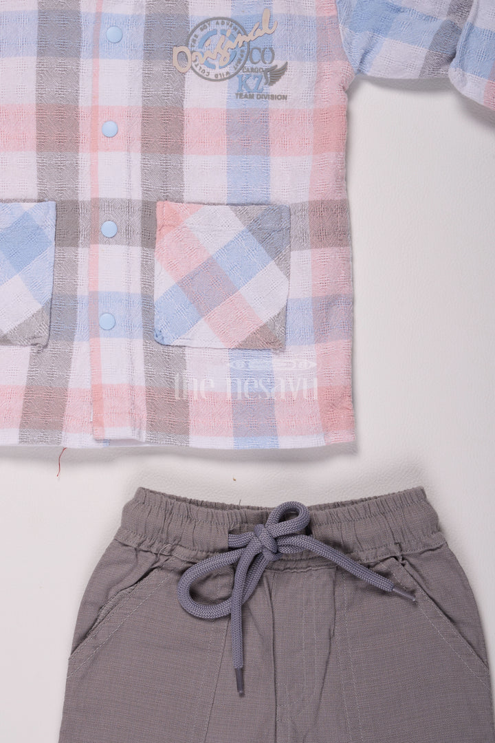 Peach Plaid Full Sleeve Shirt and Gray Pant Set for Boys