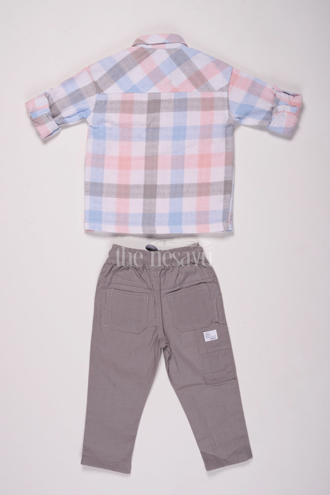 Peach Plaid Full Sleeve Shirt and Gray Pant Set for Boys