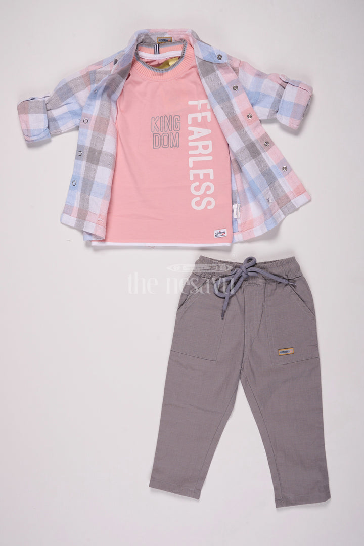 Peach Plaid Full Sleeve Shirt and Gray Pant Set for Boys