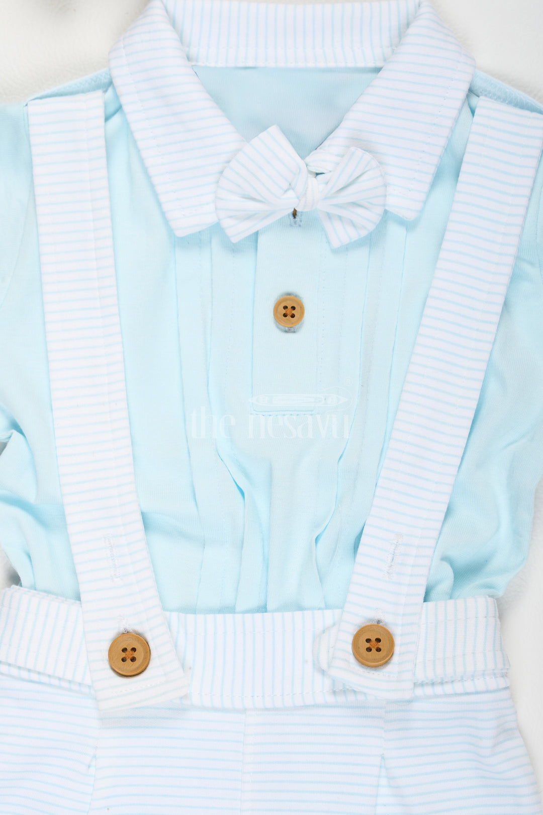 Light Blue Baby Suspender Set with Bow Tie and Striped Shorts for Baby