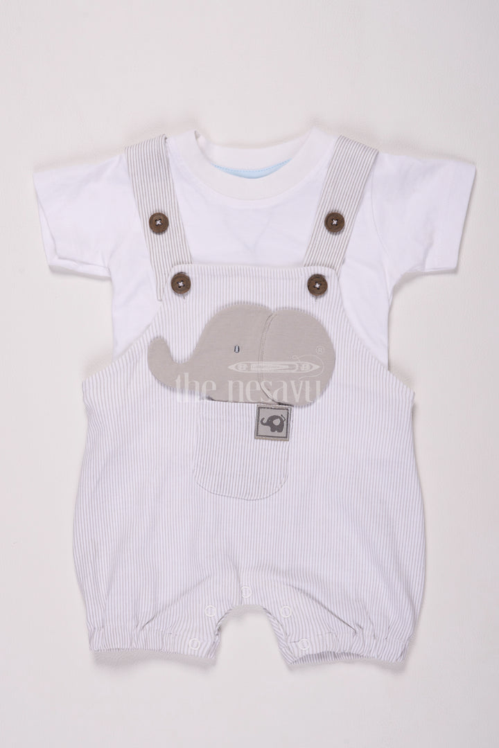 Half White Baby Dungaree Set with Gray Striped Overalls and Elephant Design for Boys