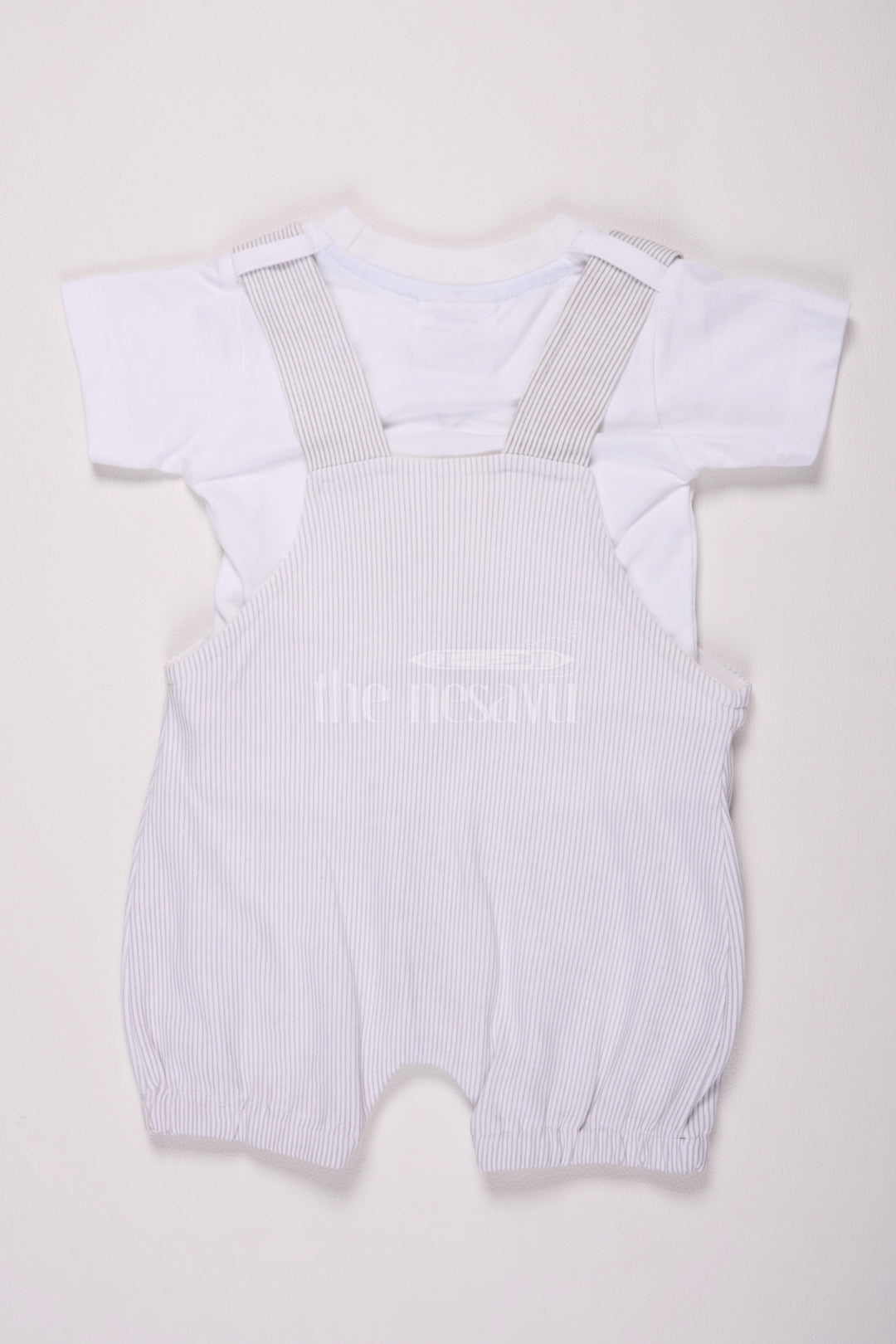 Half White Baby Dungaree Set with Gray Striped Overalls and Elephant Design for Boys