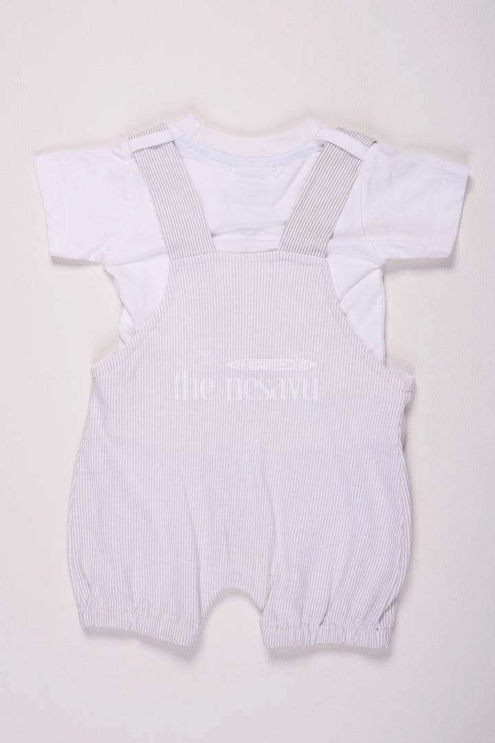 Half White Baby Dungaree Set with Gray Striped Overalls and Elephant Design for Boys