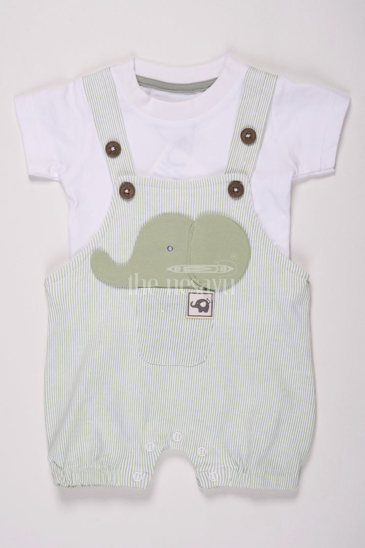 Multicolor Baby Dungaree Set with Green Striped Overalls and Elephant Patch for Boys