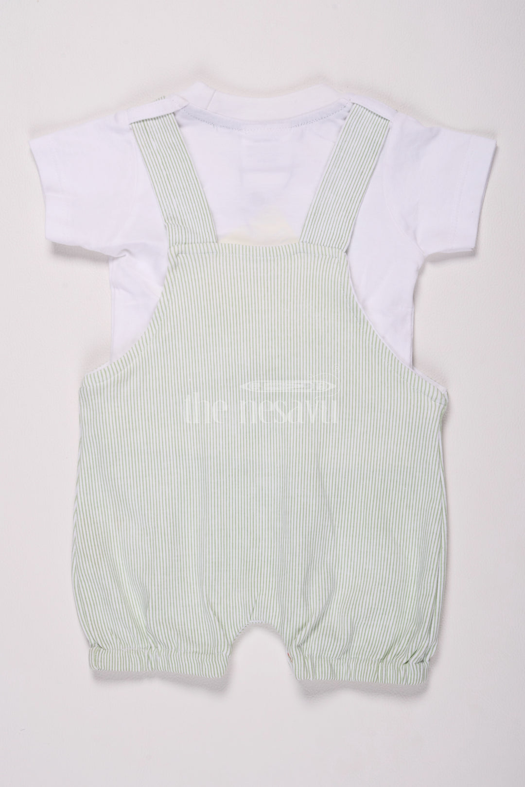 Multicolor Baby Dungaree Set with Green Striped Overalls and Elephant Patch for Boys