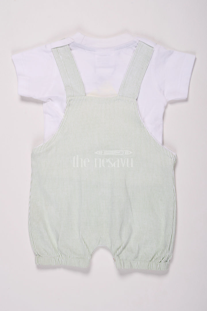 Multicolor Baby Dungaree Set with Green Striped Overalls and Elephant Patch for Boys