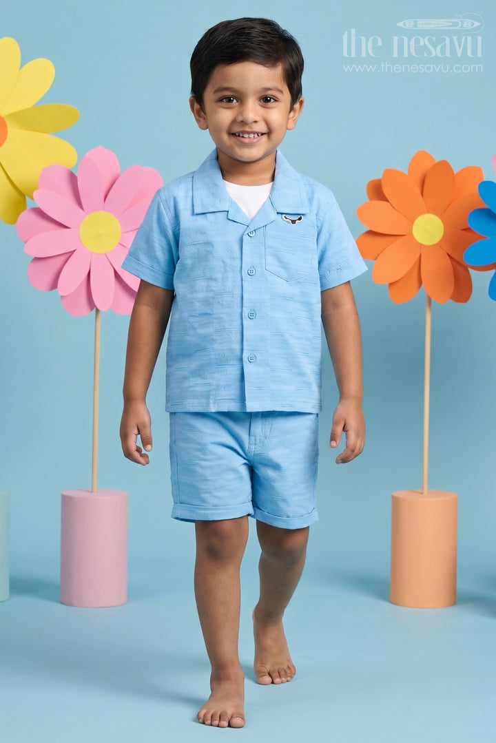 Boys Sky Blue Casual Set with Graphic T-Shirt, Button-Down Shirt, and Matching Shorts