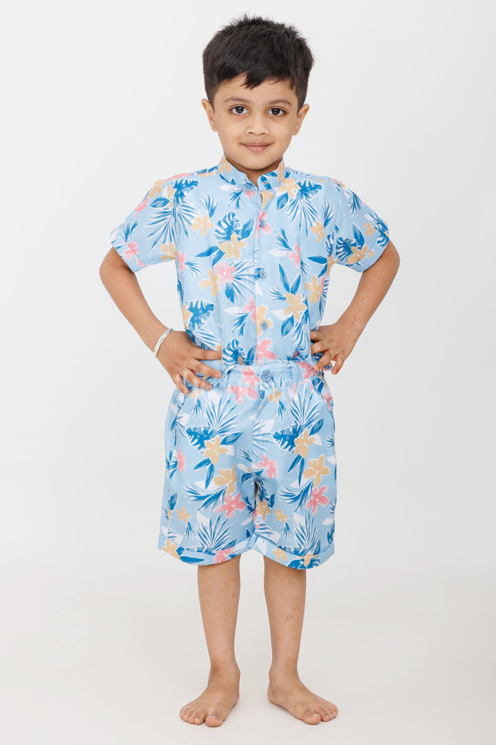 Boys Tropical Floral Print Casual Set in Blue and Yellow with Graphic Shirt for Playdates