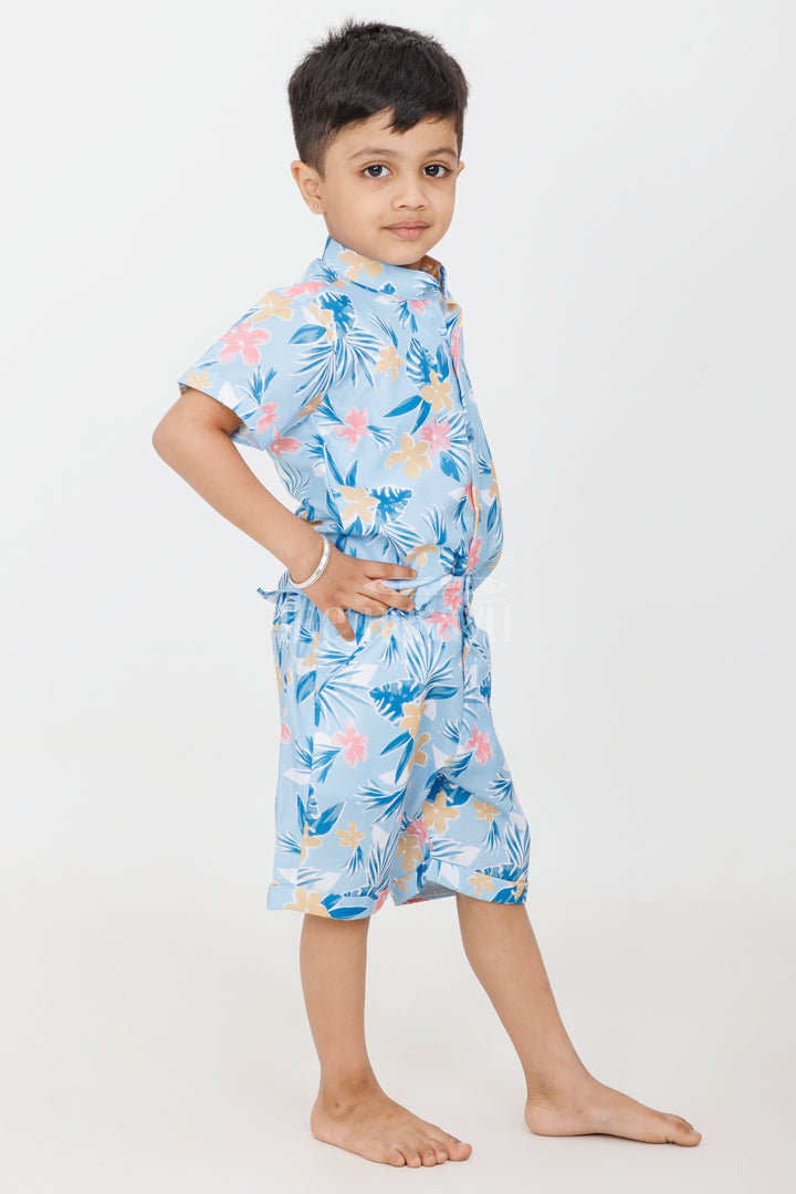 Boys Tropical Floral Print Casual Set in Blue and Yellow with Graphic Shirt for Playdates