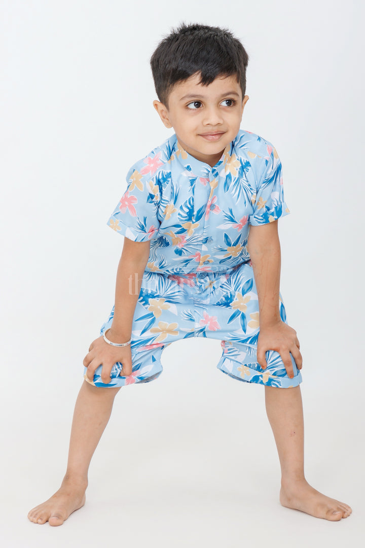 Boys Tropical Floral Print Casual Set in Blue and Yellow with Graphic Shirt for Playdates