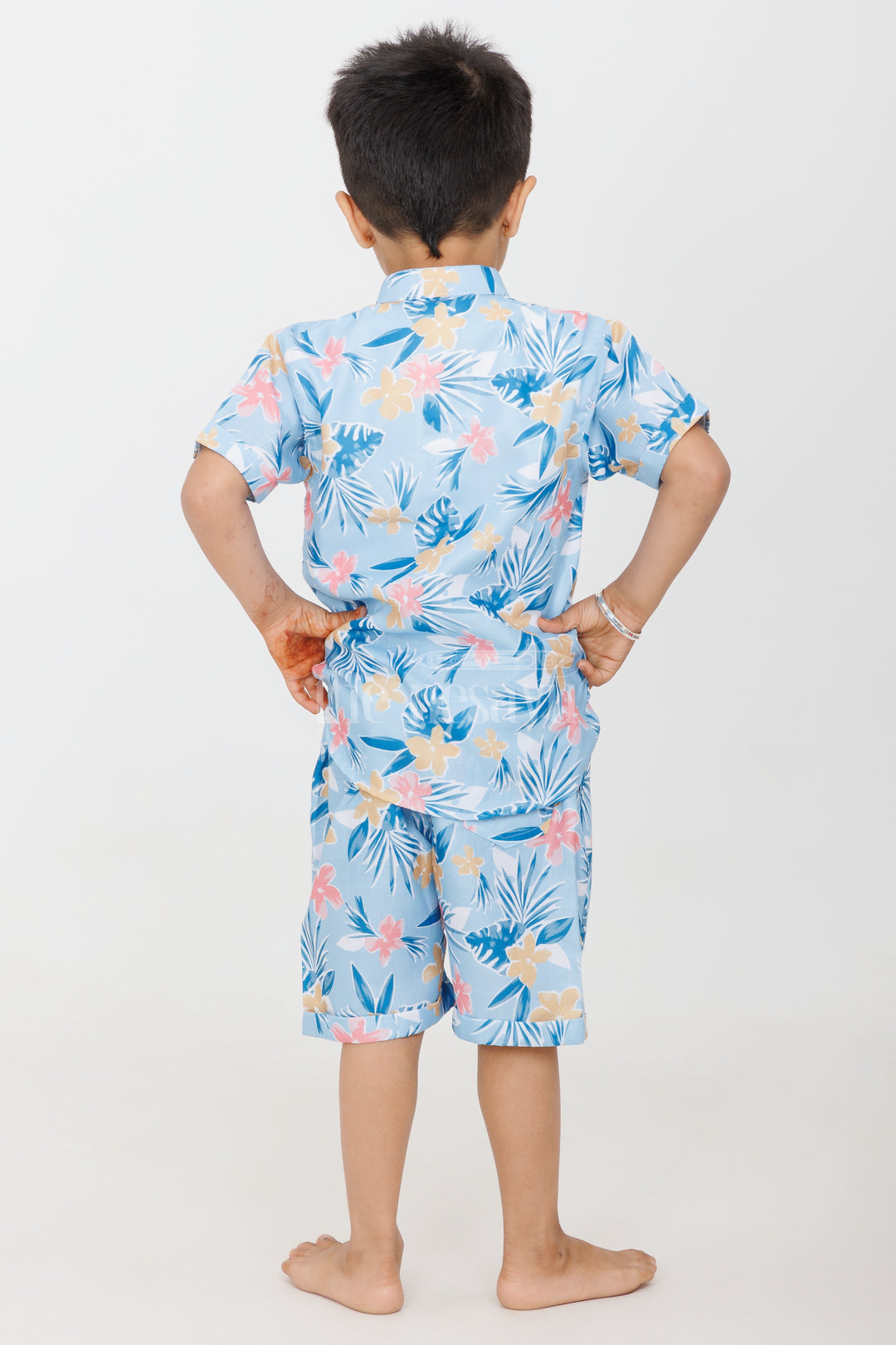 Boys Tropical Floral Print Casual Set in Blue and Yellow with Graphic Shirt for Playdates