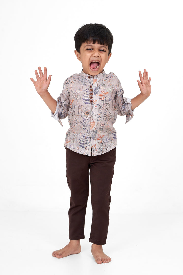 Floral Print Boys Casual Shirt with Black Pants, Flax Cotton Blend Outfit for Special Occasions