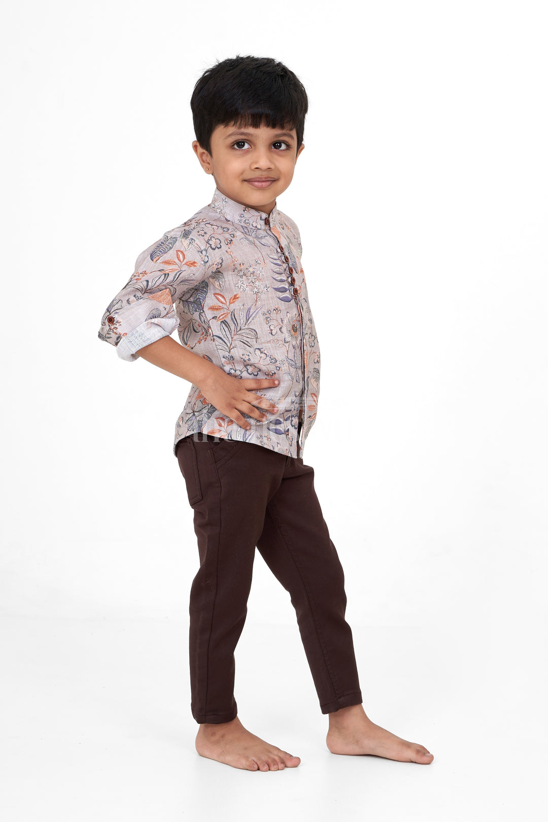 Floral Print Boys Casual Shirt with Black Pants, Flax Cotton Blend Outfit for Special Occasions