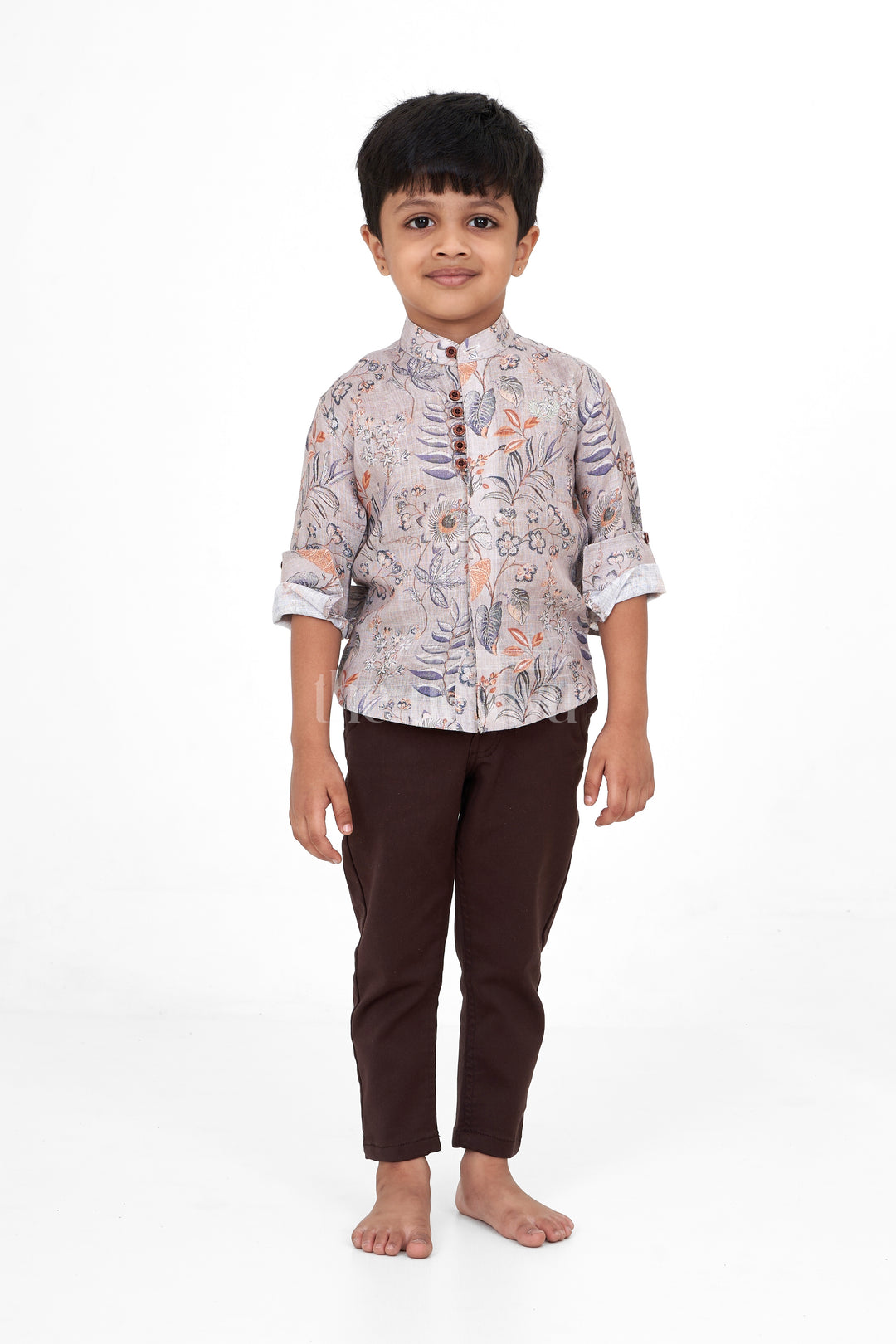 Floral Print Boys Casual Shirt with Black Pants, Flax Cotton Blend Outfit for Special Occasions