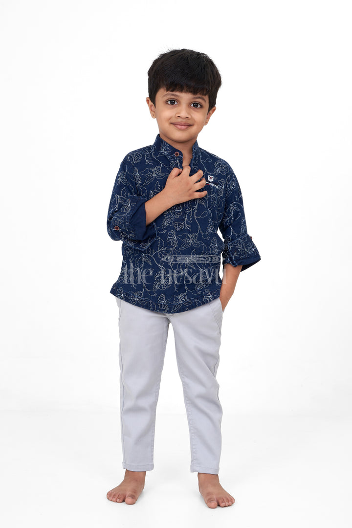 Navy Blue and gray Boys 2-Piece Casual Set with Floral Print, Flax Cotton Blend Outfit for Special Occasions