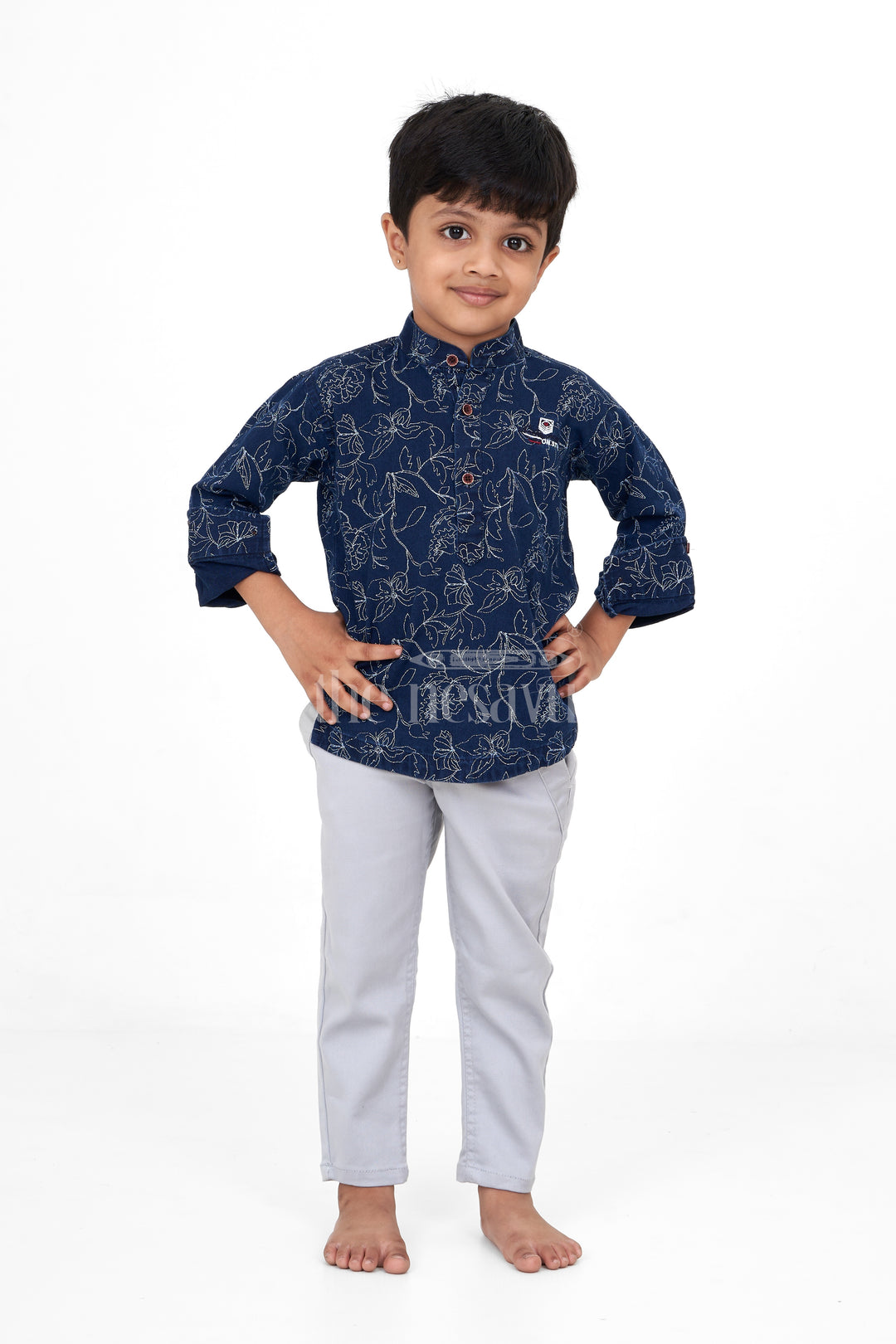 Navy Blue and gray Boys 2-Piece Casual Set with Floral Print, Flax Cotton Blend Outfit for Special Occasions