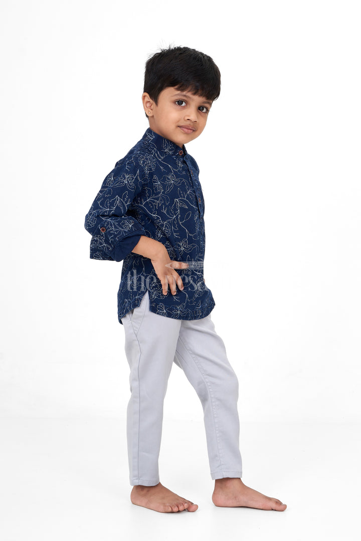 Navy Blue and gray Boys 2-Piece Casual Set with Floral Print, Flax Cotton Blend Outfit for Special Occasions