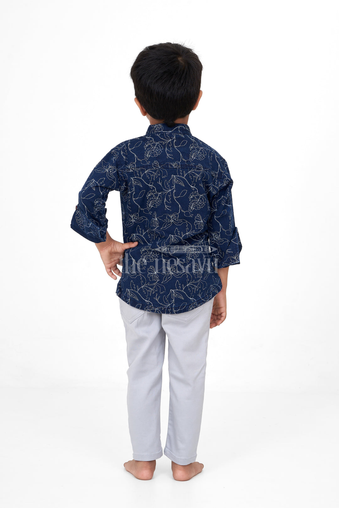 Navy Blue and gray Boys 2-Piece Casual Set with Floral Print, Flax Cotton Blend Outfit for Special Occasions