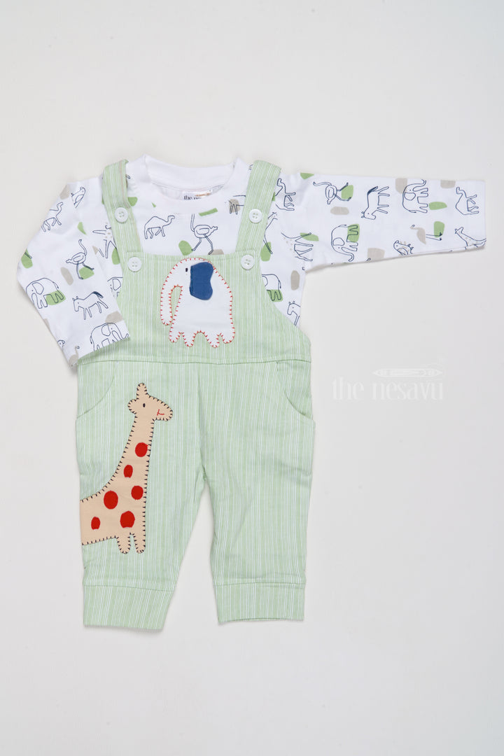 Ethnic Wear for Newborns Cotton Green Romper with Giraffe Applique and Printed Shirt