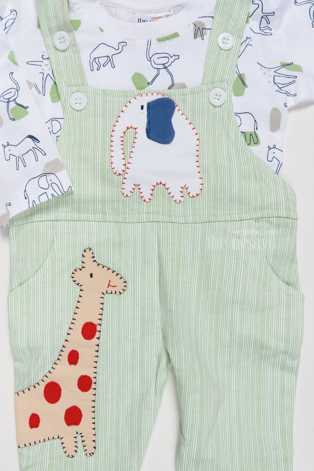 Ethnic Wear for Newborns Cotton Green Romper with Giraffe Applique and Printed Shirt