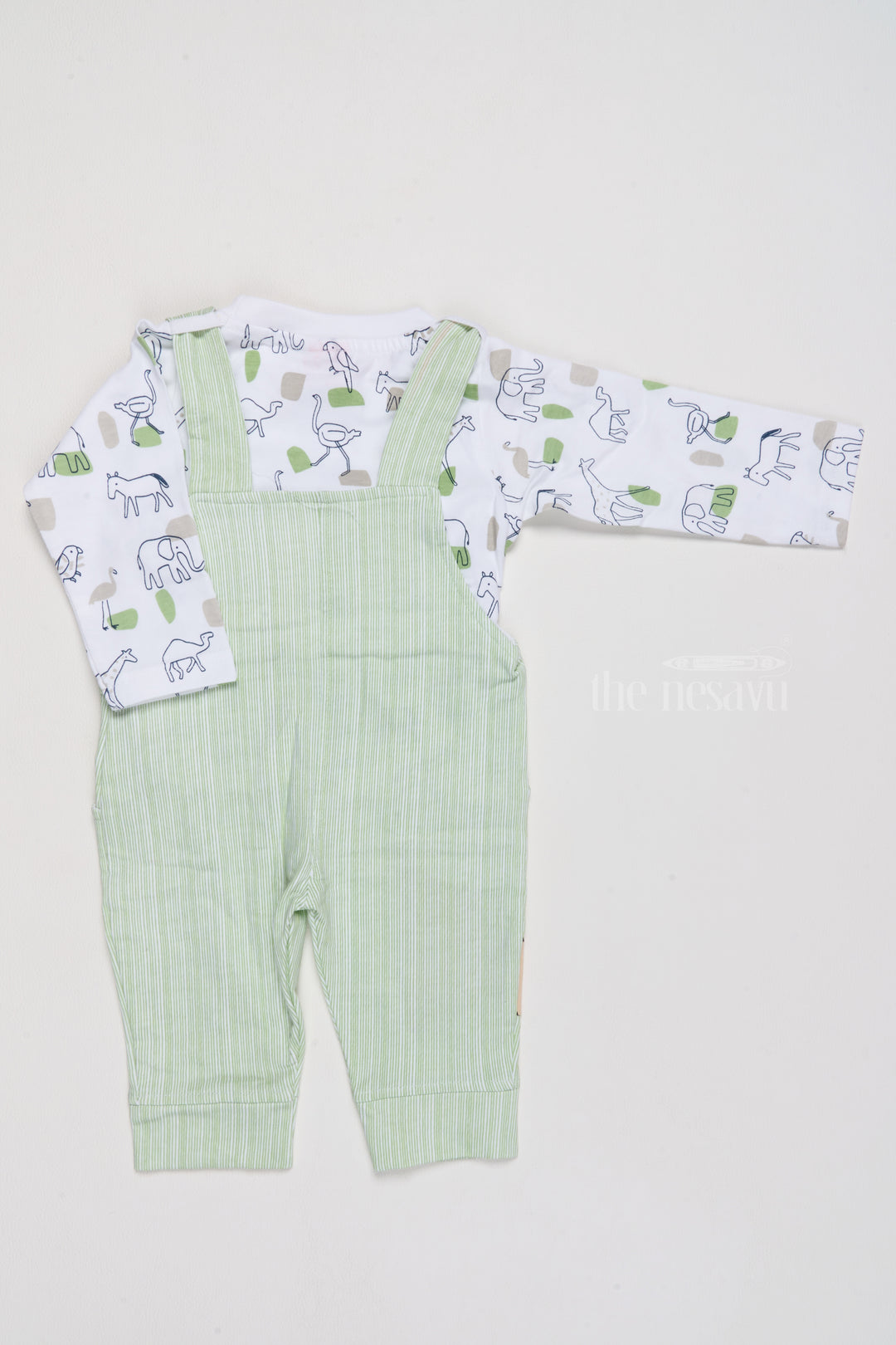 Ethnic Wear for Newborns Cotton Green Romper with Giraffe Applique and Printed Shirt