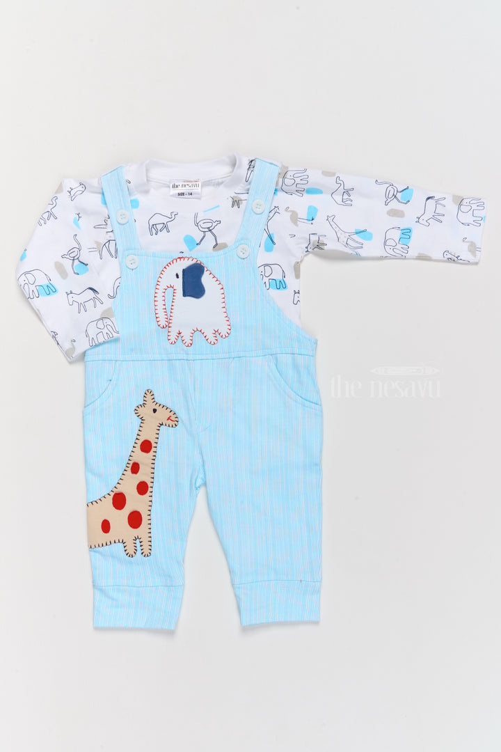 Winter Wear for Newborns Cotton Blue Romper with Giraffe Applique and Printed Shirt