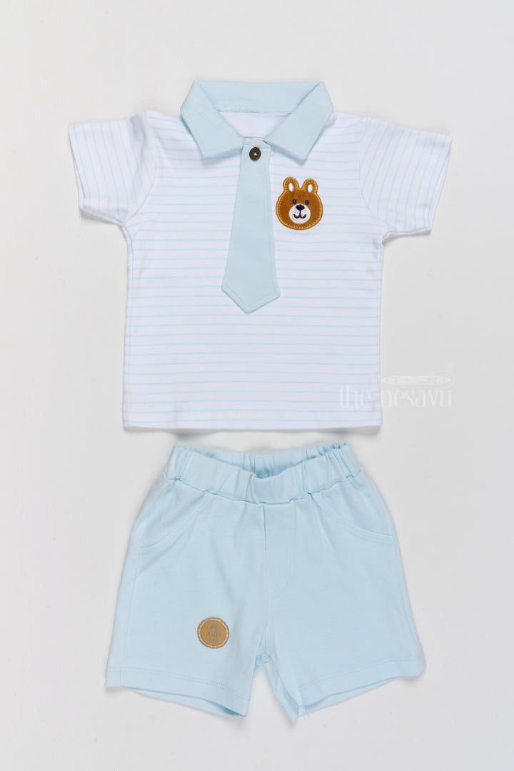 Newborn Winter Wear Blue Cotton Shorts Set with Tie and Bear Applique