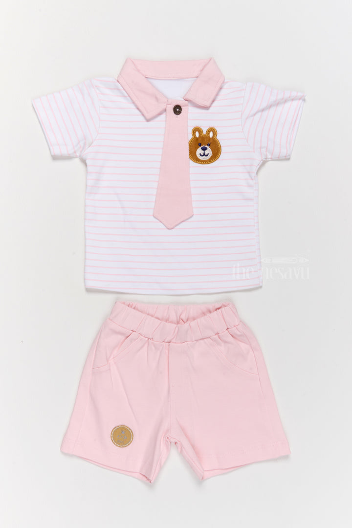 Newborn Wear Pink Cotton Shorts Set with Striped T-Shirt, Tie, and Bear Applique