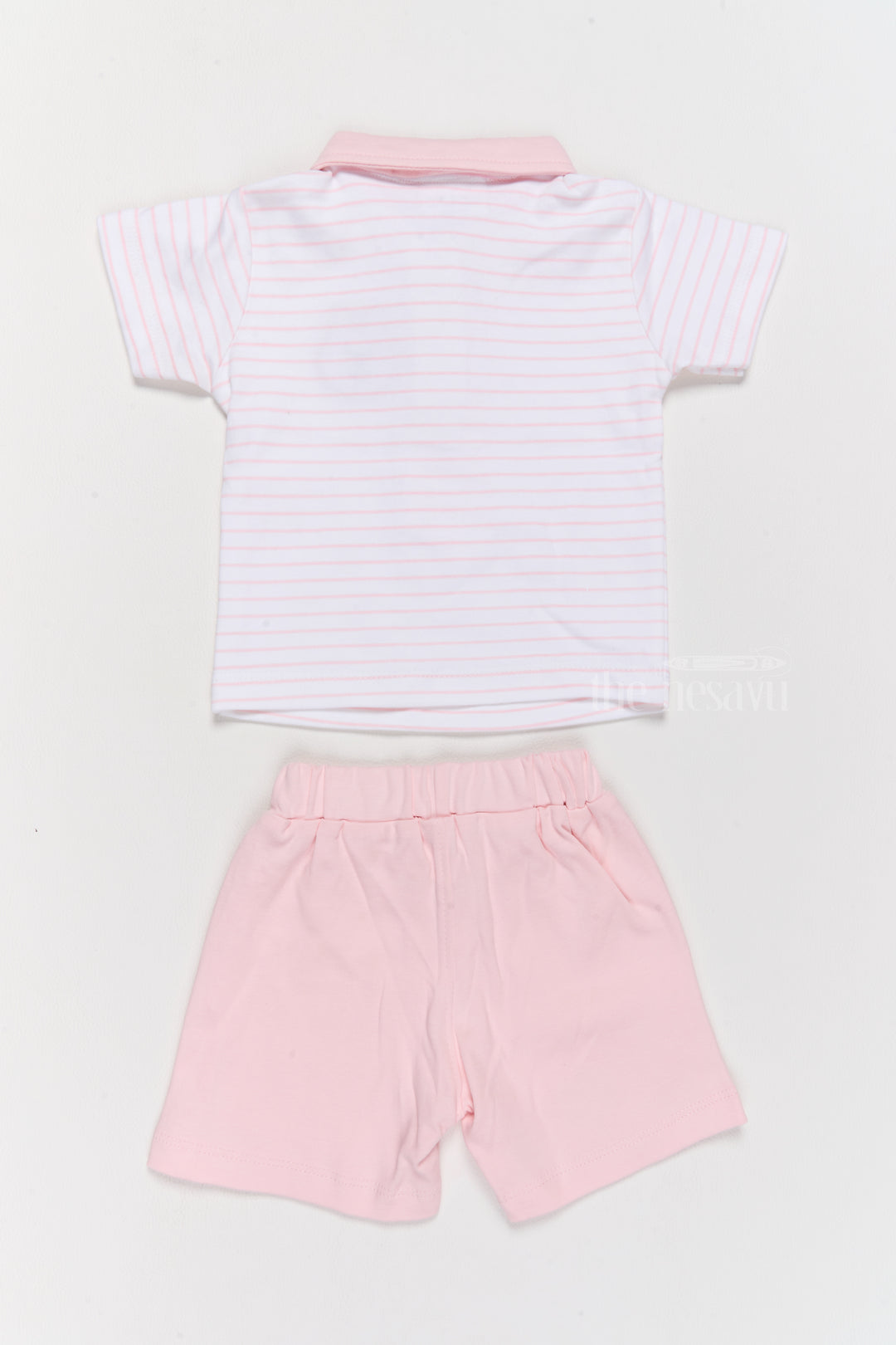 Newborn Wear Pink Cotton Shorts Set with Striped T-Shirt, Tie, and Bear Applique