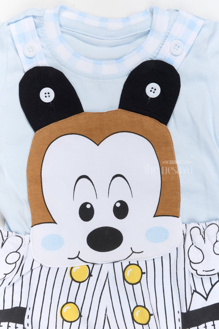 Baby Winter Clothes Blue Cotton Romper with Striped Suspenders and Cartoon Design