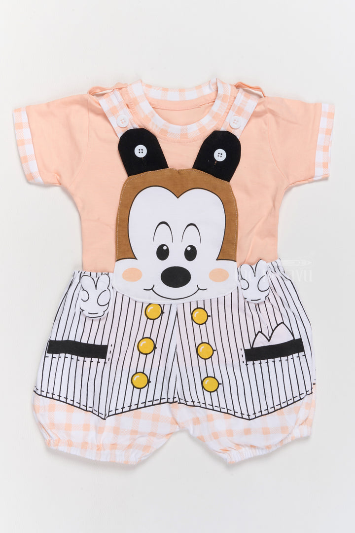 Unisex Baby Clothes Pink Cotton Romper with Striped Suspenders and Cartoon Design