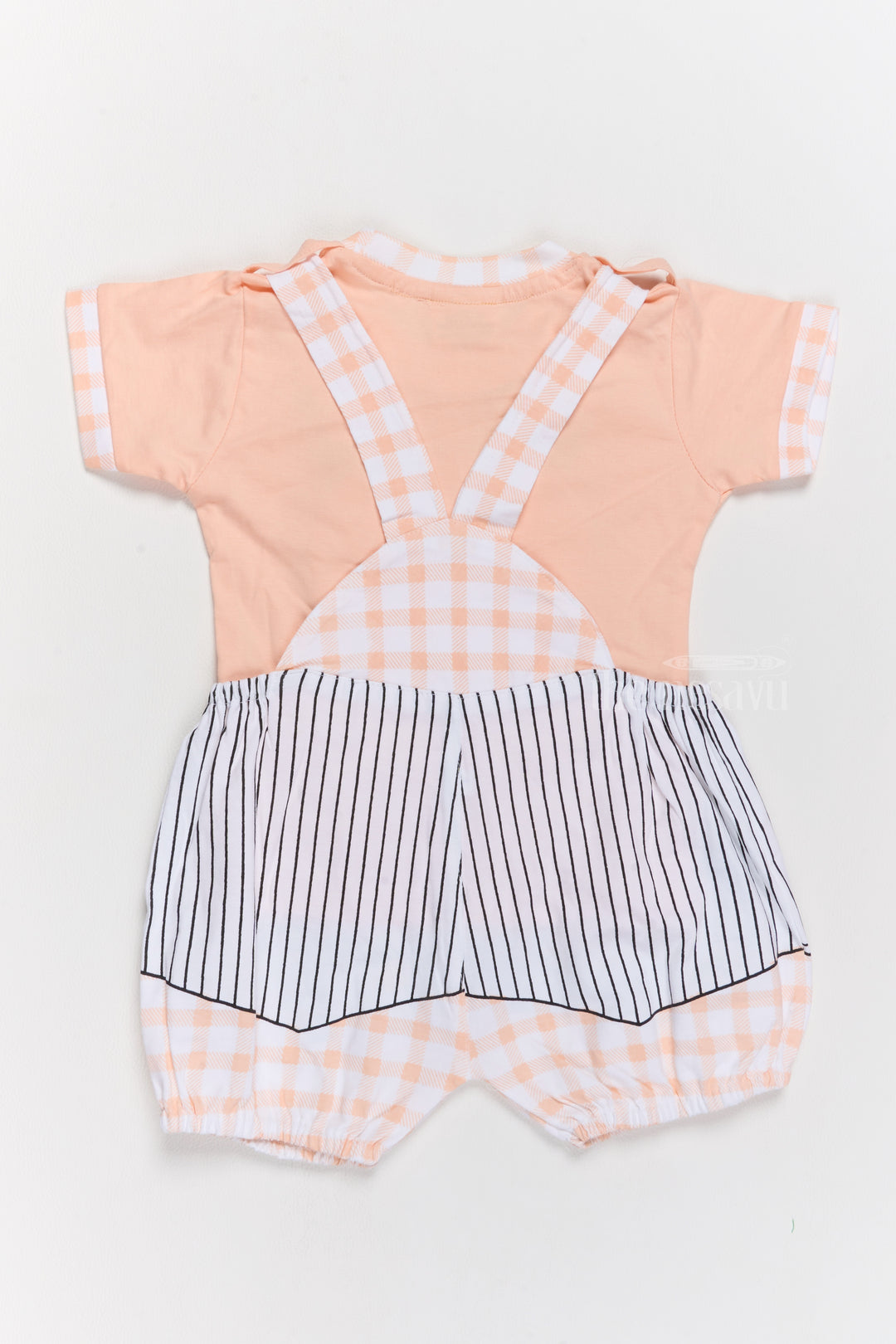 Unisex Baby Clothes Pink Cotton Romper with Striped Suspenders and Cartoon Design