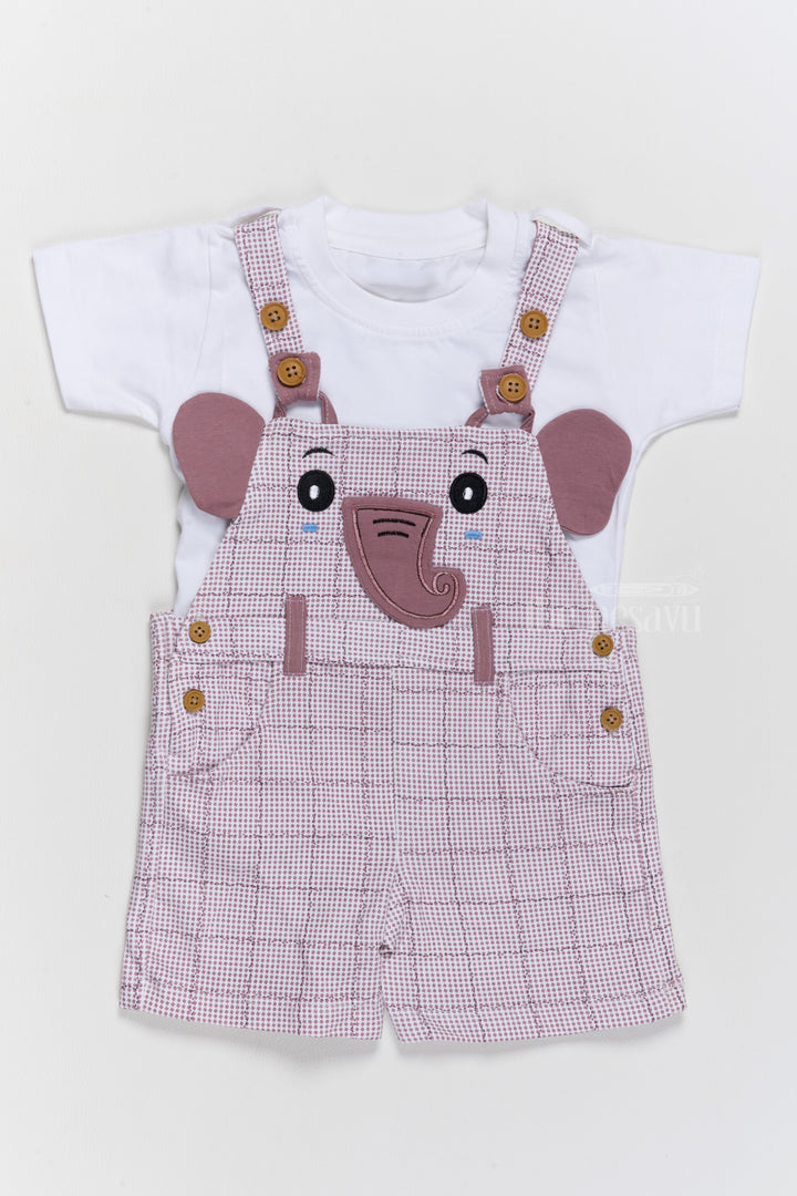 Casual Babydoll Dress Pink Checked Elephant Applique Cotton Dungaree Set