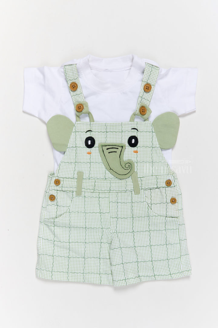 Babydoll Casual Dress Green Checked Elephant Applique Cotton Dungaree Set