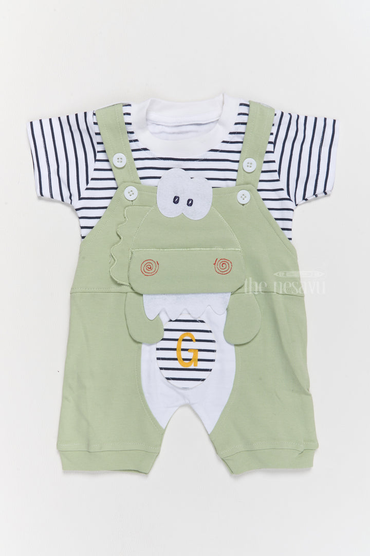 New Born Outfits Green Cotton Dungaree Set with Striped T-Shirt and Dinosaur Applique