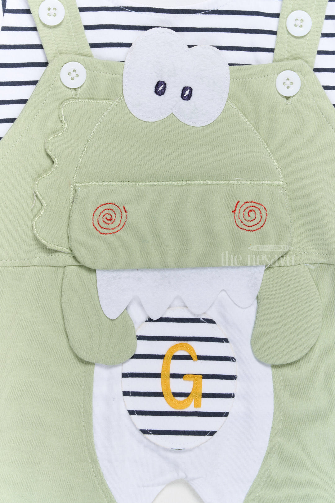 New Born Outfits Green Cotton Dungaree Set with Striped T-Shirt and Dinosaur Applique