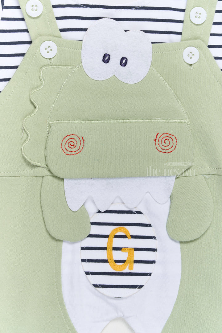 New Born Outfits Green Cotton Dungaree Set with Striped T-Shirt and Dinosaur Applique