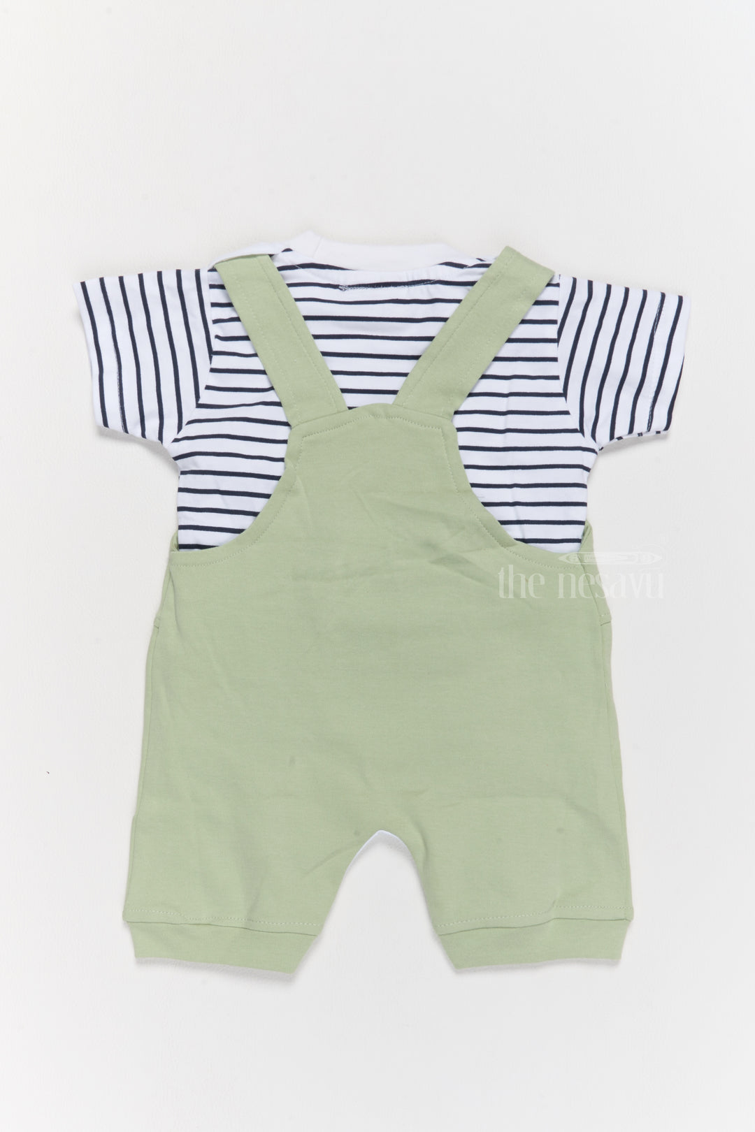 New Born Outfits Green Cotton Dungaree Set with Striped T-Shirt and Dinosaur Applique